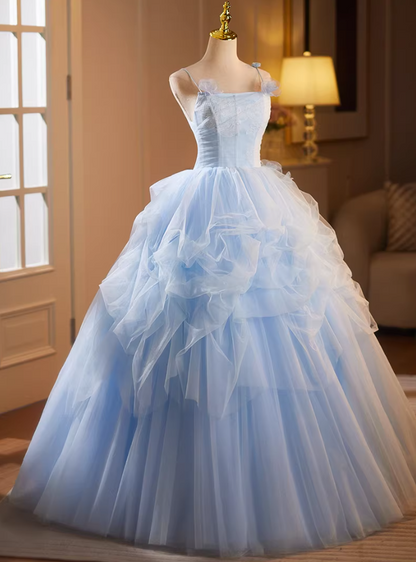 Cute A-Line Floral Spaghetti Strap Evening Gowns Sweet Appliques Ruffles Blue Tulle Prom Dress AP5182