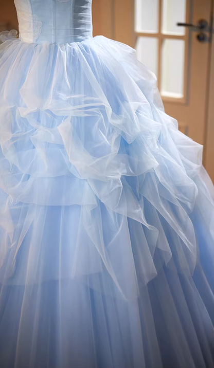 Cute A-Line Floral Spaghetti Strap Evening Gowns Sweet Appliques Ruffles Blue Tulle Prom Dress AP5182
