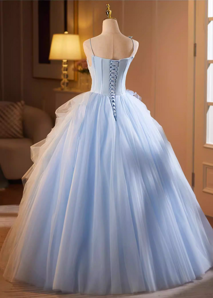 Cute A-Line Floral Spaghetti Strap Evening Gowns Sweet Appliques Ruffles Blue Tulle Prom Dress AP5182