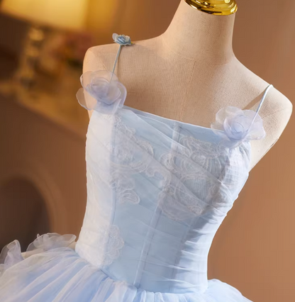 Cute A-Line Floral Spaghetti Strap Evening Gowns Sweet Appliques Ruffles Blue Tulle Prom Dress AP5182