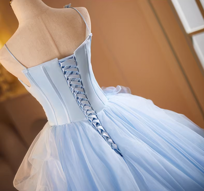 Cute A-Line Floral Spaghetti Strap Evening Gowns Sweet Appliques Ruffles Blue Tulle Prom Dress AP5182