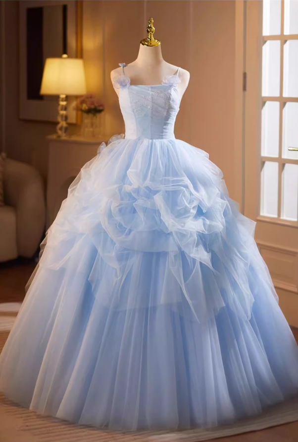 Cute A-Line Floral Spaghetti Strap Evening Gowns Sweet Appliques Ruffles Blue Tulle Prom Dress AP5182