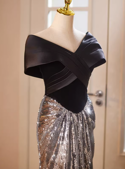 Vintage Off-Shoulder Evening Mermaid Gowns Silver Sequins Black Satin Prom Dress AP5183