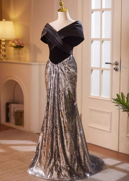 Vintage Off-Shoulder Evening Mermaid Gowns Silver Sequins Black Satin Prom Dress AP5183