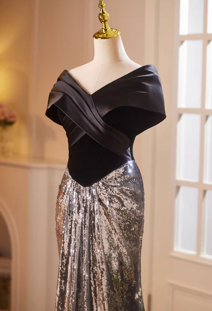 Vintage Off-Shoulder Evening Mermaid Gowns Silver Sequins Black Satin Prom Dress AP5183