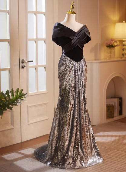 Vintage Off-Shoulder Evening Mermaid Gowns Silver Sequins Black Satin Prom Dress AP5183