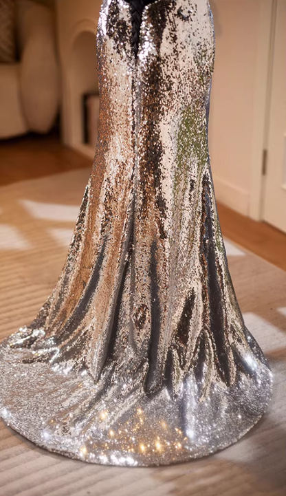 Vintage Off-Shoulder Evening Mermaid Gowns Silver Sequins Black Satin Prom Dress AP5183