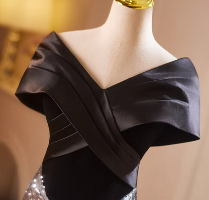 Vintage Off-Shoulder Evening Mermaid Gowns Silver Sequins Black Satin Prom Dress AP5183