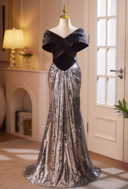 Vintage Off-Shoulder Evening Mermaid Gowns Silver Sequins Black Satin Prom Dress AP5183