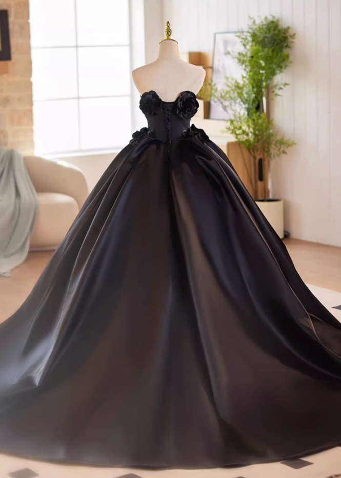 Gothic-Style Strapless Black A-Line Sweet 16th Gowns 3D Handmade Flowers Prom Dress AP5184