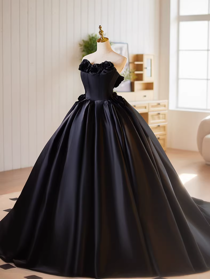 Gothic-Style Strapless Black A-Line Sweet 16th Gowns 3D Handmade Flowers Prom Dress AP5184