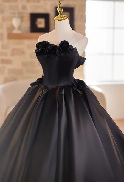 Gothic-Style Strapless Black A-Line Sweet 16th Gowns 3D Handmade Flowers Prom Dress AP5184