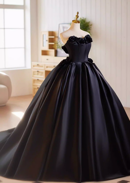 Gothic-Style Strapless Black A-Line Sweet 16th Gowns 3D Handmade Flowers Prom Dress AP5184