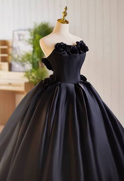 Gothic-Style Strapless Black A-Line Sweet 16th Gowns 3D Handmade Flowers Prom Dress AP5184