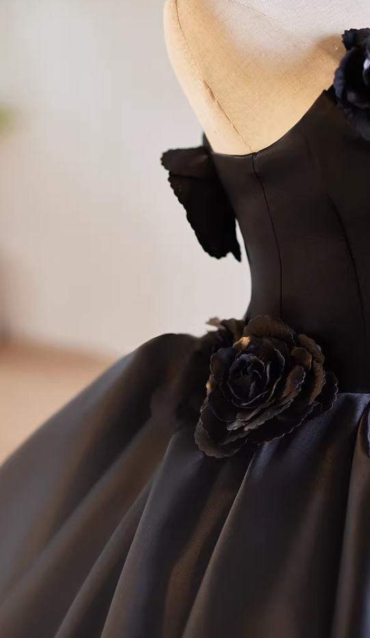 Gothic-Style Strapless Black A-Line Sweet 16th Gowns 3D Handmade Flowers Prom Dress AP5184