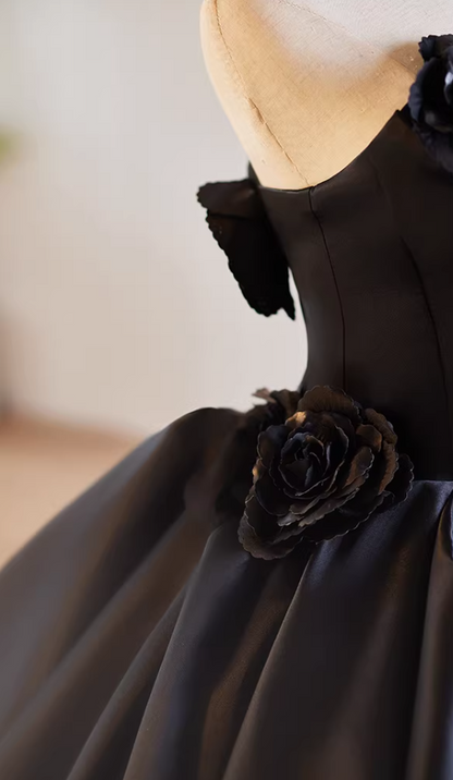 Gothic-Style Strapless Black A-Line Sweet 16th Gowns 3D Handmade Flowers Prom Dress AP5184