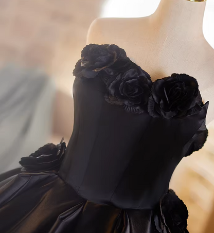 Gothic-Style Strapless Black A-Line Sweet 16th Gowns 3D Handmade Flowers Prom Dress AP5184
