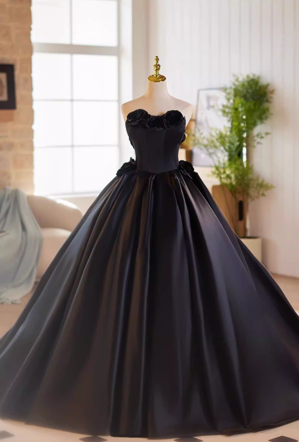 Gothic-Style Strapless Black A-Line Sweet 16th Gowns 3D Handmade Flowers Prom Dress AP5184