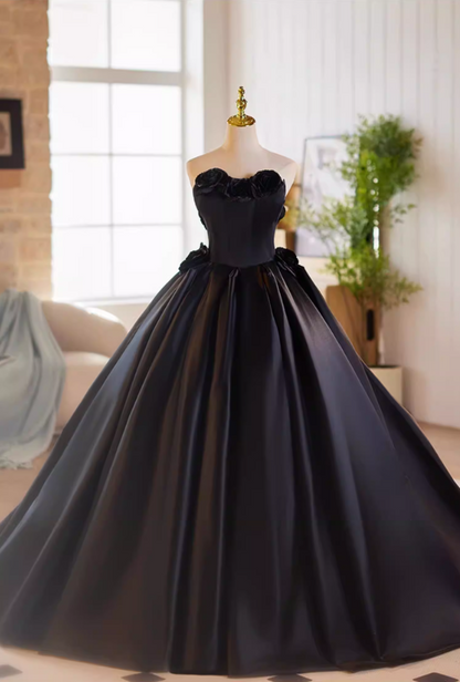 Gothic-Style Strapless Black A-Line Sweet 16th Gowns 3D Handmade Flowers Prom Dress AP5184