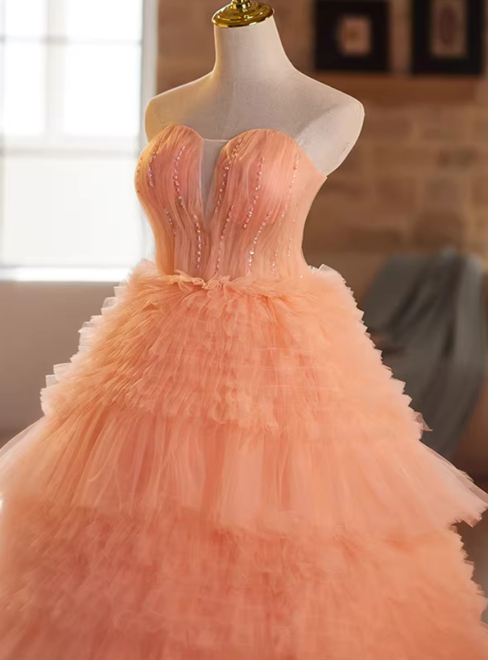 Artistic Strapless A-Line Orange Sweet 16th Gowns Sequins Beads Ruffles Tull Tiered Prom Dress AP5185