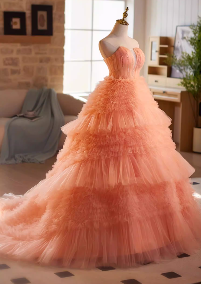 Artistic Strapless A-Line Orange Sweet 16th Gowns Sequins Beads Ruffles Tull Tiered Prom Dress AP5185