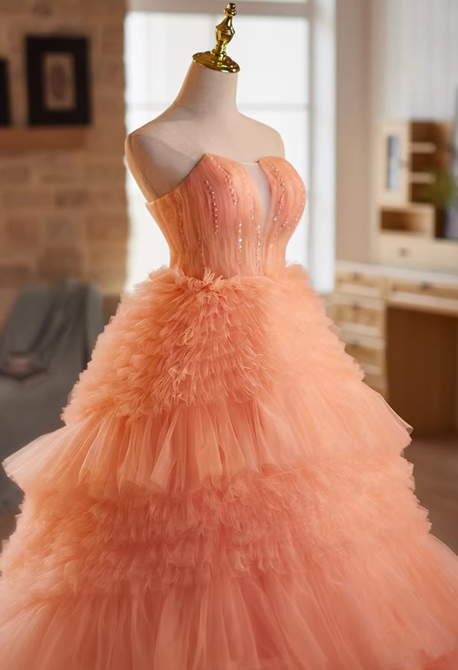 Artistic Strapless A-Line Orange Sweet 16th Gowns Sequins Beads Ruffles Tull Tiered Prom Dress AP5185