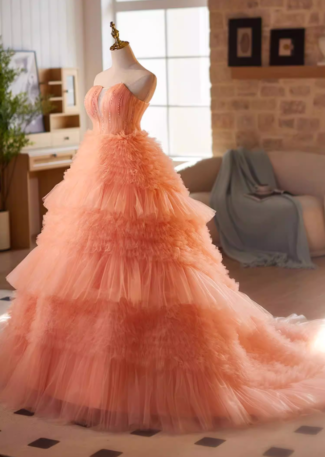 Artistic Strapless A-Line Orange Sweet 16th Gowns Sequins Beads Ruffles Tull Tiered Prom Dress AP5185