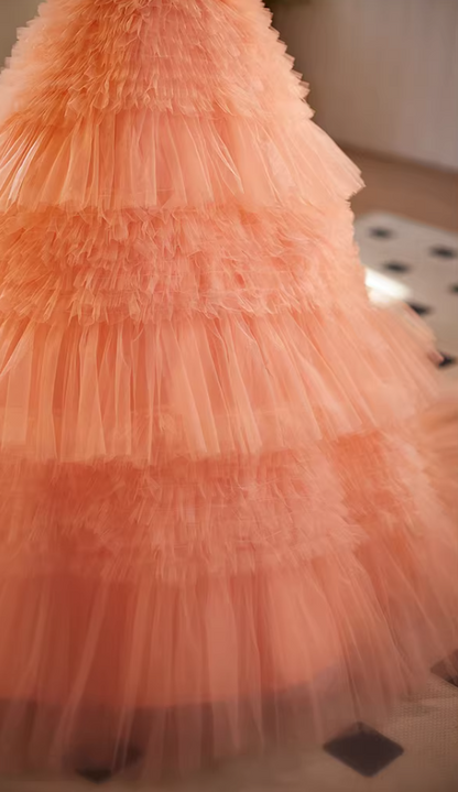 Artistic Strapless A-Line Orange Sweet 16th Gowns Sequins Beads Ruffles Tull Tiered Prom Dress AP5185