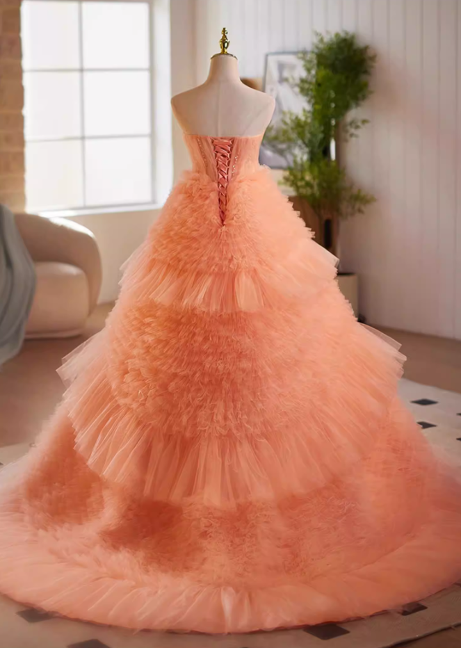 Artistic Strapless A-Line Orange Sweet 16th Gowns Sequins Beads Ruffles Tull Tiered Prom Dress AP5185