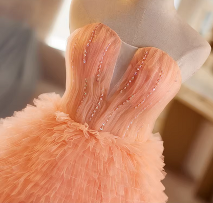 Artistic Strapless A-Line Orange Sweet 16th Gowns Sequins Beads Ruffles Tull Tiered Prom Dress AP5185