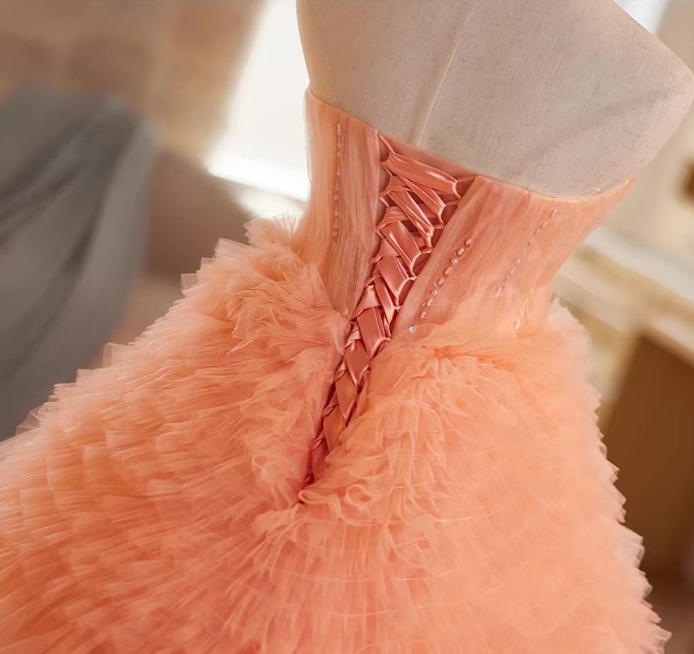 Artistic Strapless A-Line Orange Sweet 16th Gowns Sequins Beads Ruffles Tull Tiered Prom Dress AP5185
