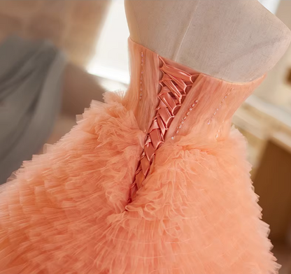 Artistic Strapless A-Line Orange Sweet 16th Gowns Sequins Beads Ruffles Tull Tiered Prom Dress AP5185