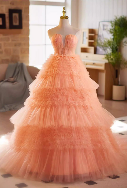 Artistic Strapless A-Line Orange Sweet 16th Gowns Sequins Beads Ruffles Tull Tiered Prom Dress AP5185