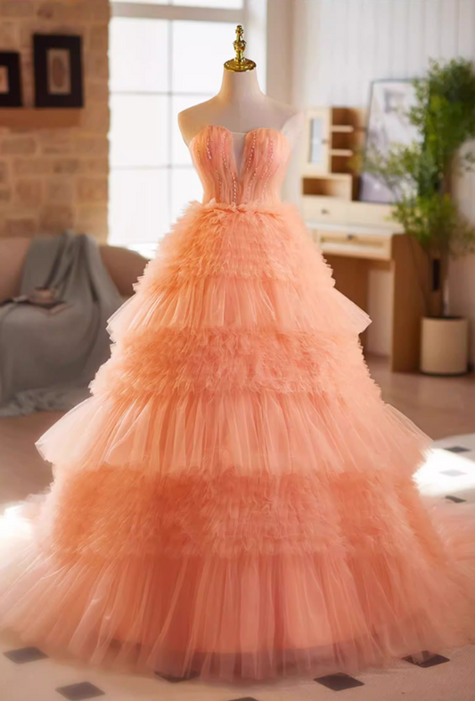 Artistic Strapless A-Line Orange Sweet 16th Gowns Sequins Beads Ruffles Tull Tiered Prom Dress AP5185