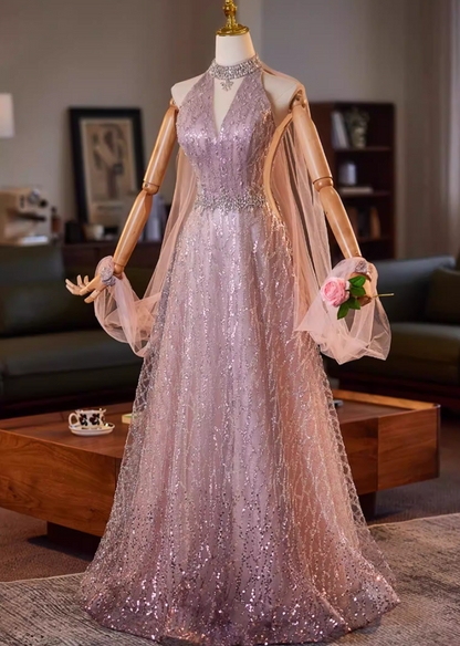 Dreamy Cutout Halter Neck A-Line Sweet 16 Gowns Beading Sequins Rhinestones Prom Dress AP5186