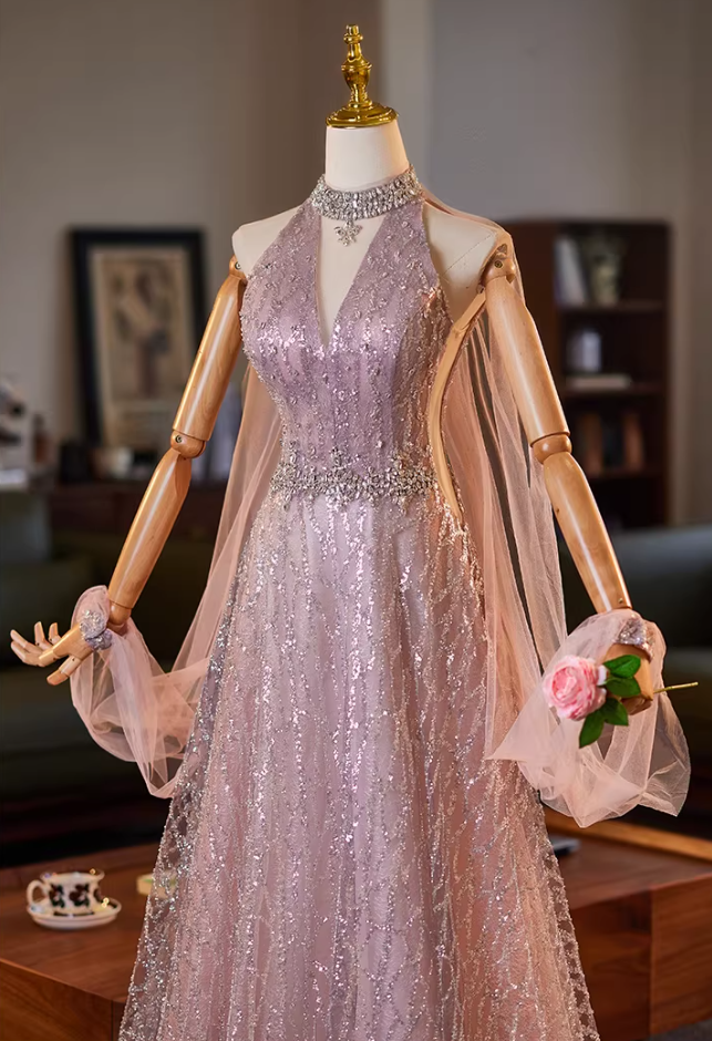 Dreamy Cutout Halter Neck A-Line Sweet 16 Gowns Beading Sequins Rhinestones Prom Dress AP5186