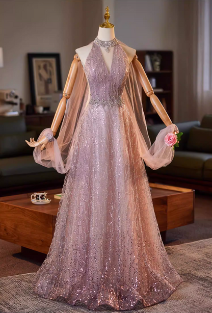 Dreamy Cutout Halter Neck A-Line Sweet 16 Gowns Beading Sequins Rhinestones Prom Dress AP5186
