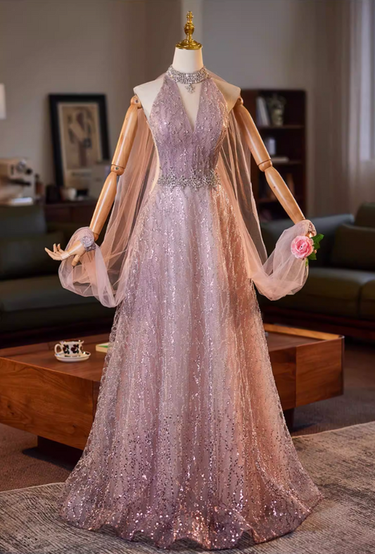 Dreamy Cutout Halter Neck A-Line Sweet 16 Gowns Beading Sequins Rhinestones Prom Dress AP5186