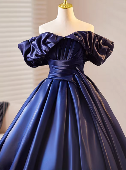 Sheen Off-Shoulder A-Line Sweet 16th Dresses Navy Blue Satin Pleated Prom Dress AP5188
