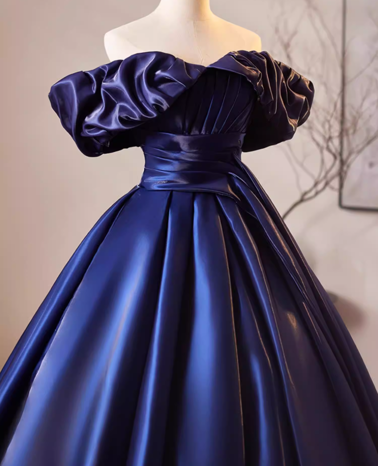 Sheen Off-Shoulder A-Line Sweet 16th Dresses Navy Blue Satin Pleated Prom Dress AP5188