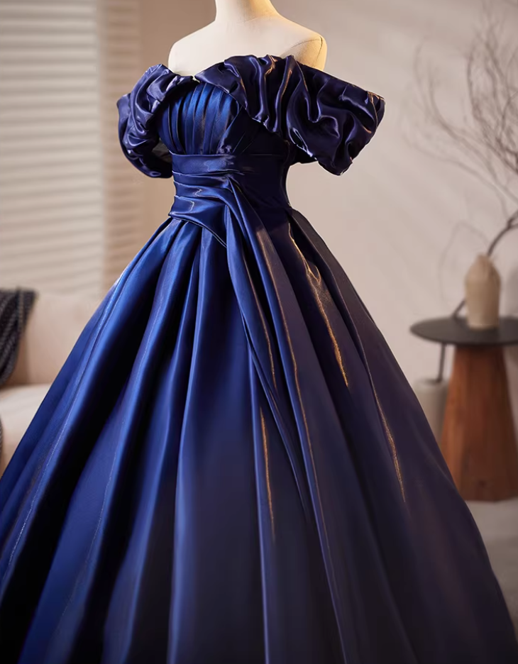 Sheen Off-Shoulder A-Line Sweet 16th Dresses Navy Blue Satin Pleated Prom Dress AP5188