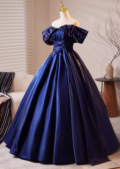 Sheen Off-Shoulder A-Line Sweet 16th Dresses Navy Blue Satin Pleated Prom Dress AP5188