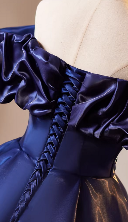 Sheen Off-Shoulder A-Line Sweet 16th Dresses Navy Blue Satin Pleated Prom Dress AP5188