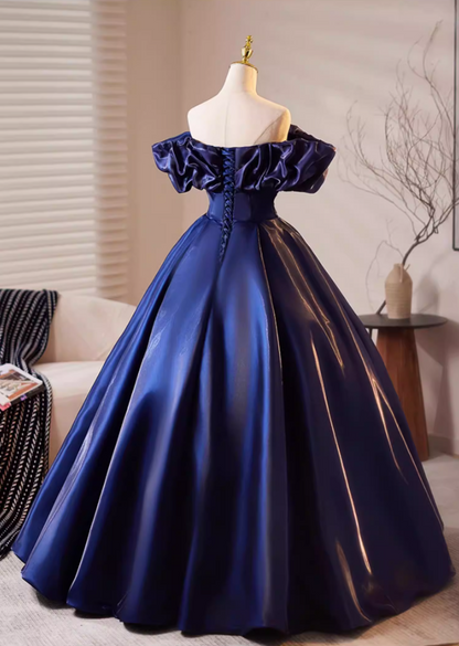 Sheen Off-Shoulder A-Line Sweet 16th Dresses Navy Blue Satin Pleated Prom Dress AP5188