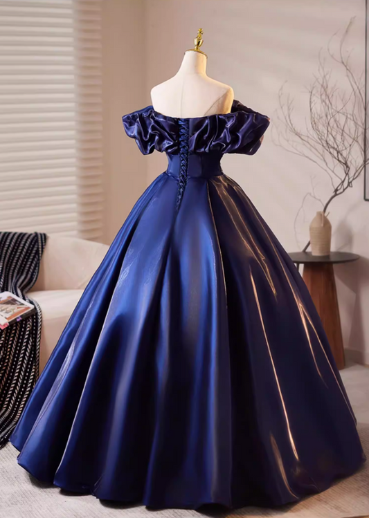 Sheen Off-Shoulder A-Line Sweet 16th Dresses Navy Blue Satin Pleated Prom Dress AP5188