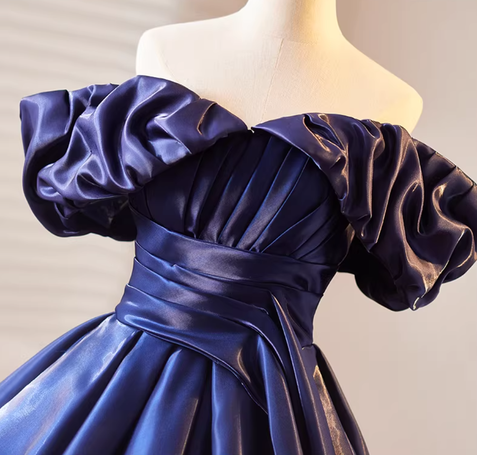 Sheen Off-Shoulder A-Line Sweet 16th Dresses Navy Blue Satin Pleated Prom Dress AP5188