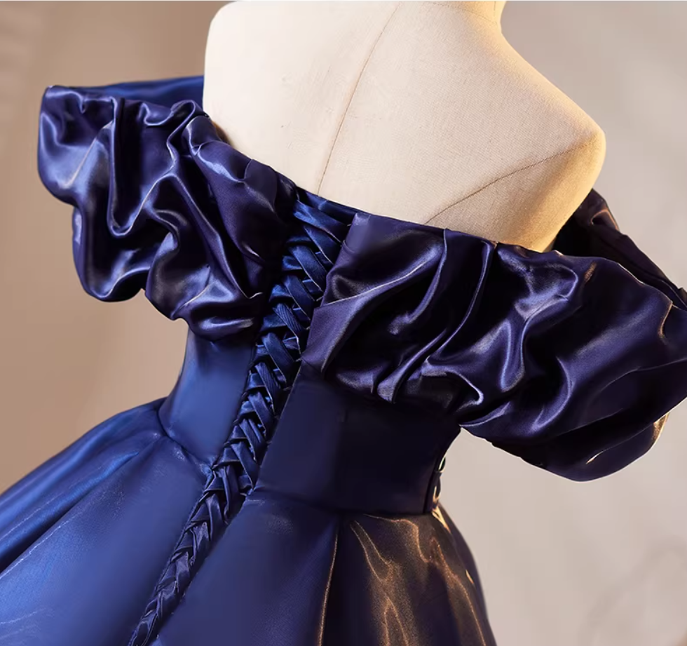 Sheen Off-Shoulder A-Line Sweet 16th Dresses Navy Blue Satin Pleated Prom Dress AP5188