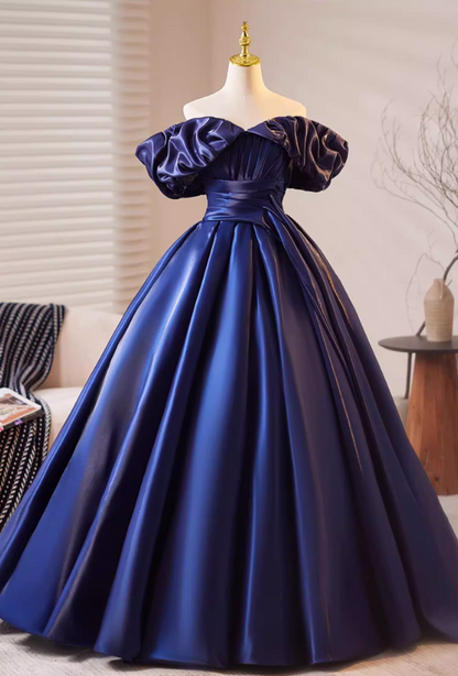 Sheen Off-Shoulder A-Line Sweet 16th Dresses Navy Blue Satin Pleated Prom Dress AP5188