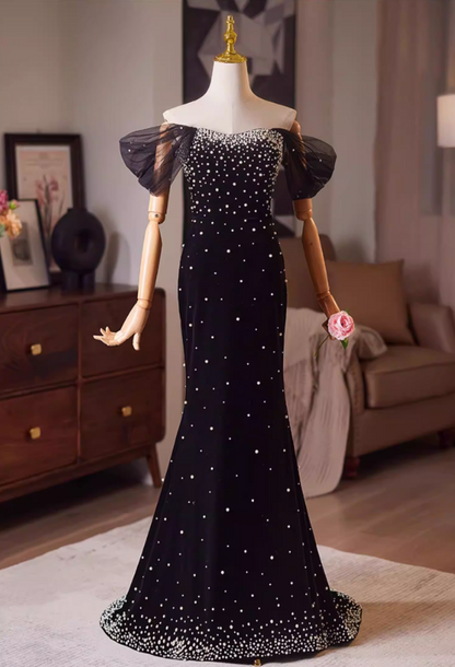 Alluring Off-Shoulder Evening Mermaid Gowns Pearls Black Velvet Prom Dress AP5189