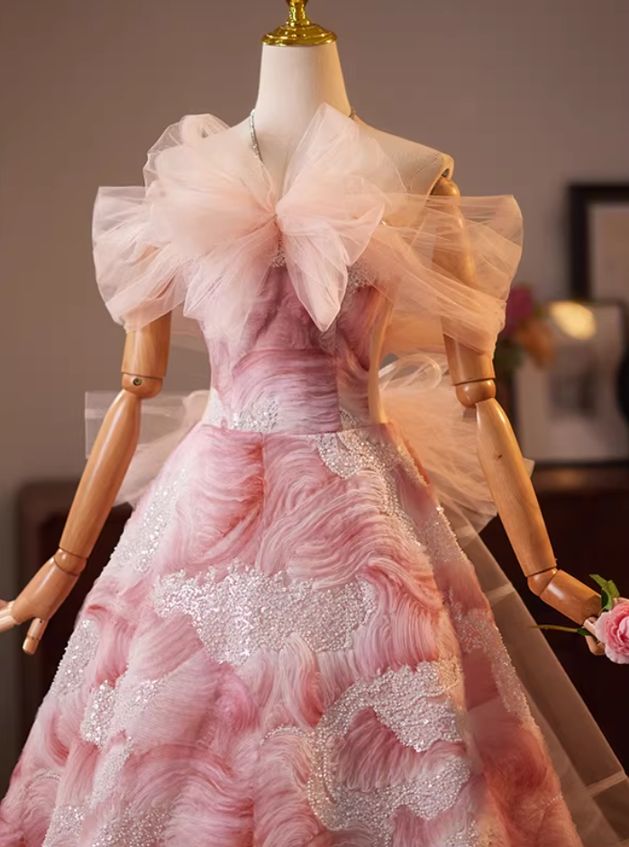 Dramatic A-Line Tulle Off-Shoulder Floral Sweet 16th Dresses Sequins Bow Prom Dress AP5192